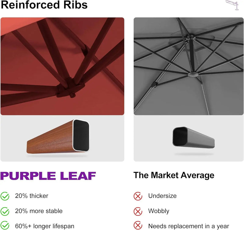 PURPLE LEAF 9' X 12' Double Top Deluxe Wood Pattern Rectangle Patio Umbrella Offset Hanging Umbrella Outdoor Market Umbrella Garden Umbrella, Brick Red by GreenHaven Gardens