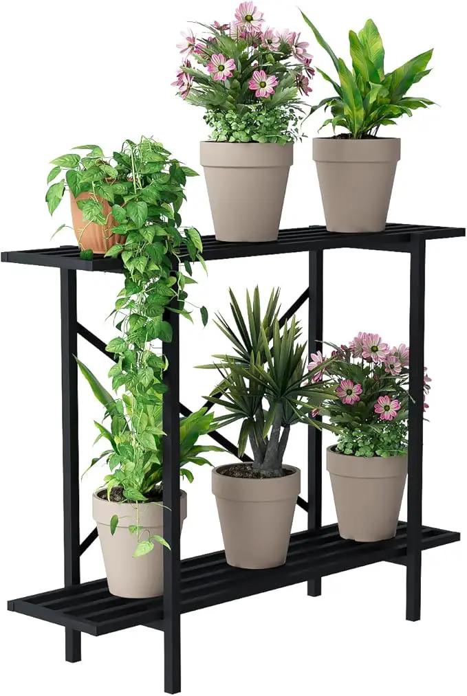 Zhongma 2 Tier Metal Sturdy Heavy Plant Stand, Narrow Plant Stand Indoor and Outdoor, L35.43 x W10.3 x H27.5 inch, 440 LBS Capacity & Heavy Duty Construction by GreenHaven Gardens