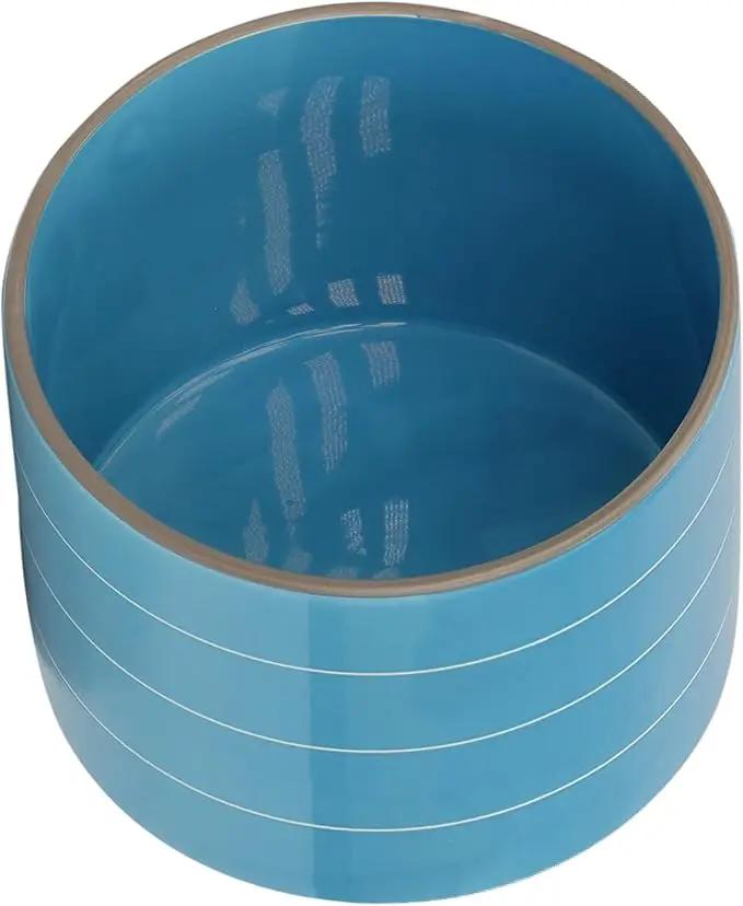8" Ceramic Planter on Wooden Bamboo Stand - Contemporary Blue While Striped Design For Indoor or Outdoor Plants, Succulents, Cactus by GreenHaven Gardens