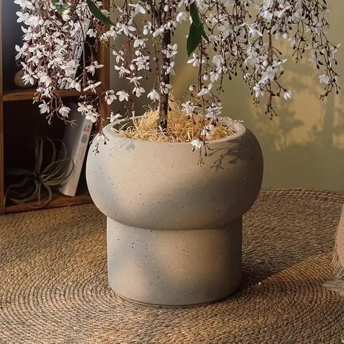12.5" H x 14" Dia Large Concrete Planter-Heavyweight Outdoor Cement Flower Pot with Mushroom-Shaped Design for Patio, Garden, Porch, or Indoor Use-Modern Decorative Plant Container by GreenHaven Gardens