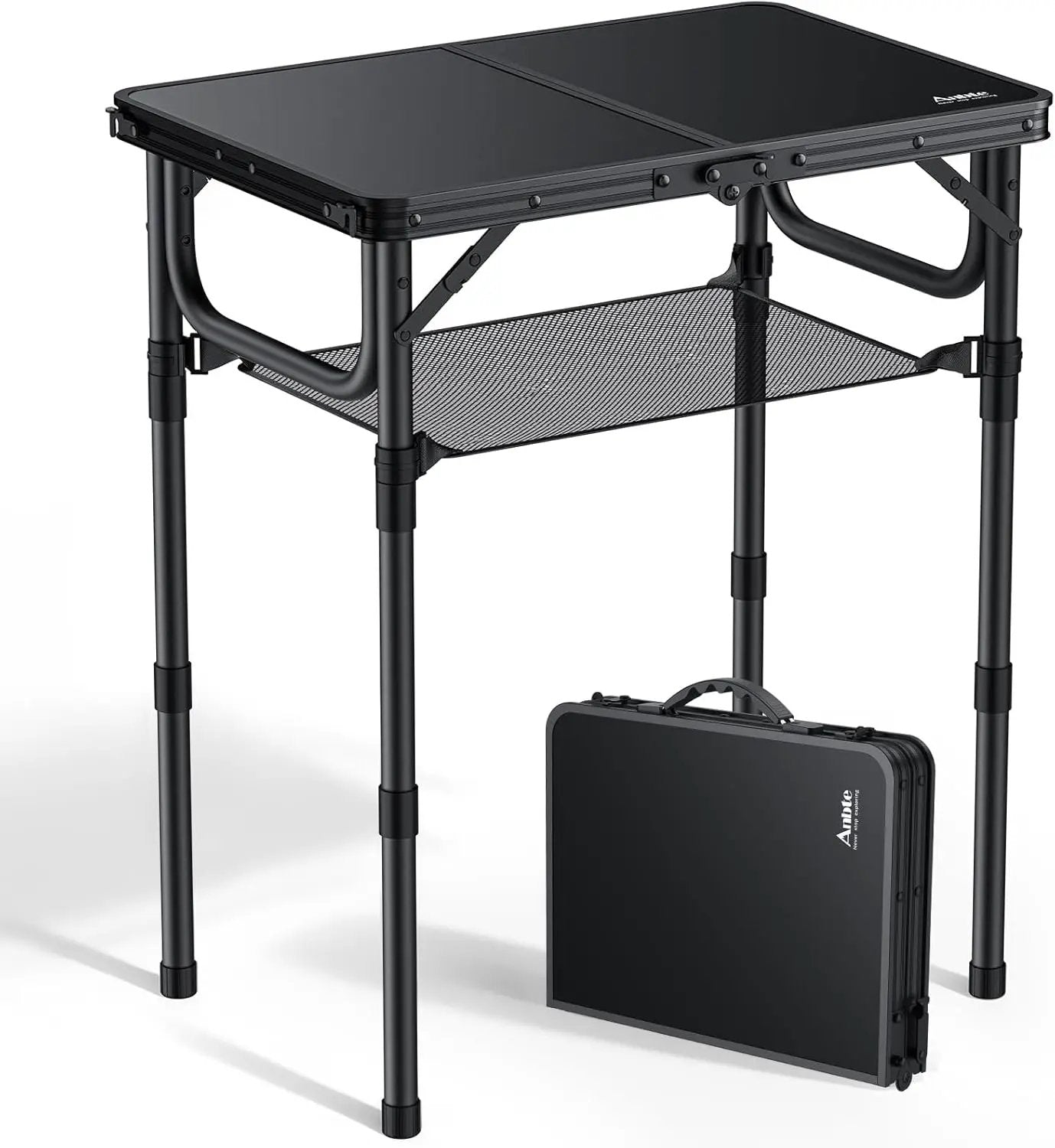Folding Camping Table with Storage Net, Pure Black Aluminum 2ft Picnic Table 23.2" x 16" Outdoor Table Adjustable Height Max 27.5", Lightweight, Waterproof, Portable Handle for Travel Cooking by GreenHaven Gardens