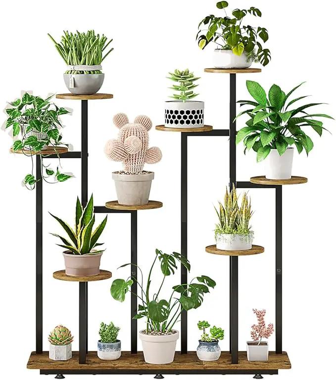 Plant Stand Indoor 9 Tier 11 Potted Multiple Flower Pot Holder for Patio Garden Balcony Living Room Corner (9 Tier Black+Rustic Brown) by GreenHaven Gardens