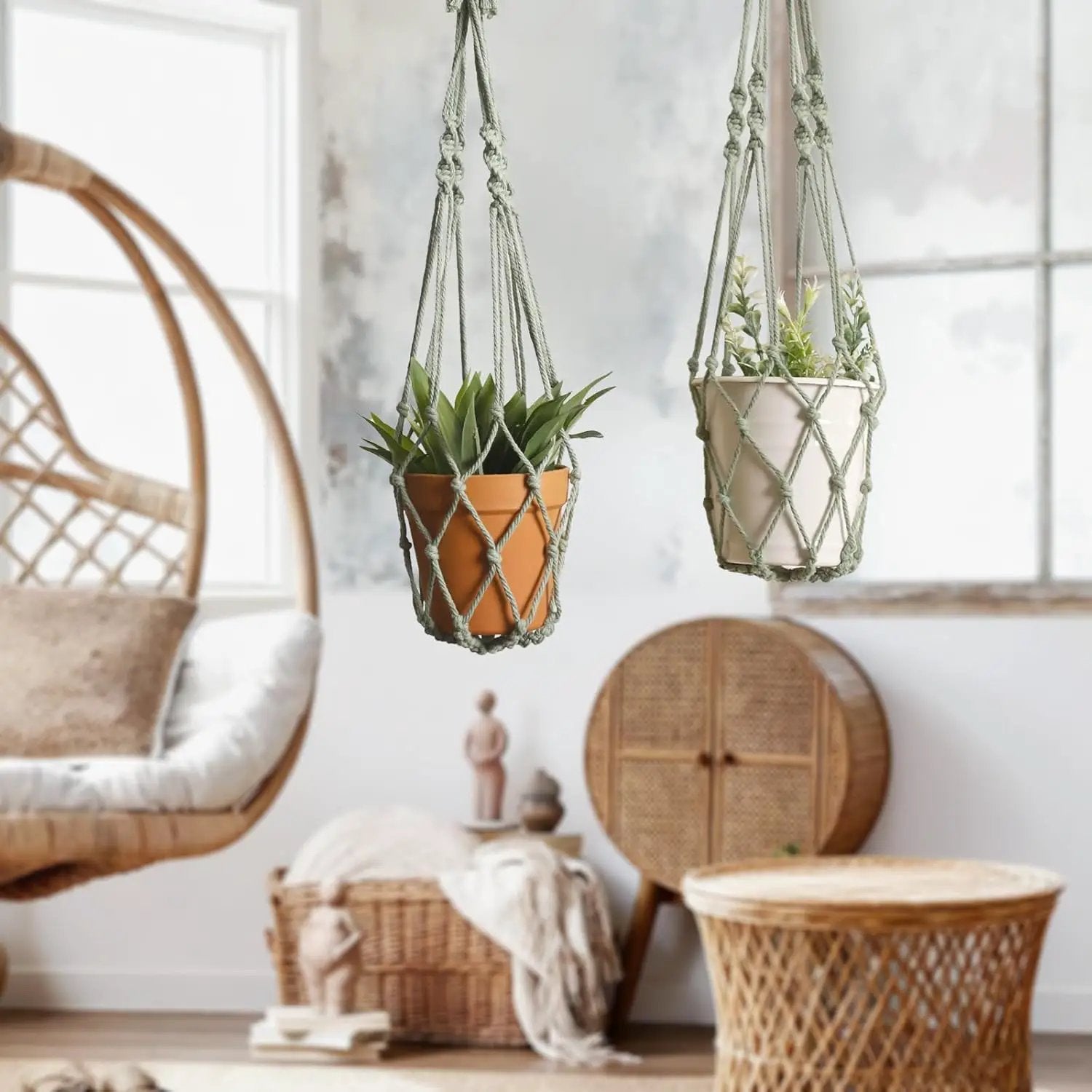 Artilady Macrame Hanging Planter for Indoor Plants, Boho Woven Plant Hanger Large Hanging Flower Pot Holders Outdoor Baskets Storage No Tassels Sage Green Wall Decor by GreenHaven Gardens