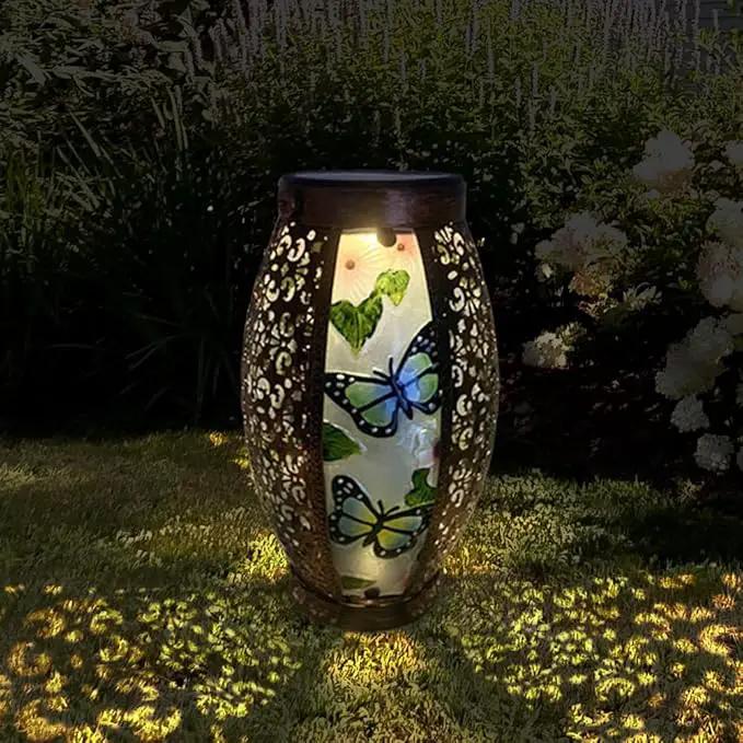 2PCS Butterfly Solar Lanterns Glass & Metal Hanging Light Outdoor Waterproof 16" H Tabletop Lamp with Hollowed-Out Design with Shepherd's Hooks for Garden Patio Table Decor by GreenHaven Gardens