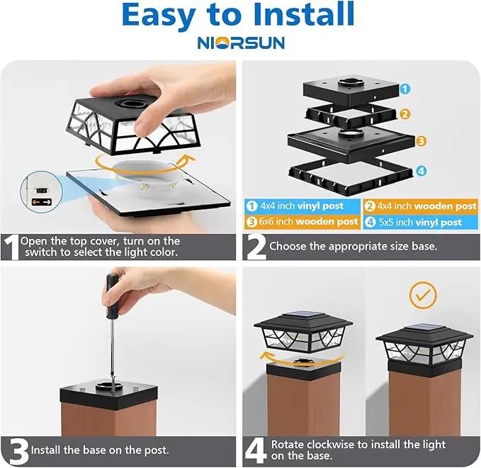 NIORSUN Solar Post Lights Outdoor 12 Pack, 2 Modes LED, Deck Fence Post Solar Lights for 3.5x3.5 4x4 5x5 5.5x5.5 Caps Patio Garden Decoration, Black by GreenHaven Gardens