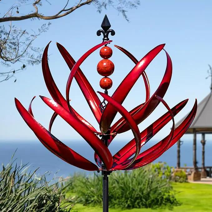 LimeHill Wind Spinner for Garden and Yard - Large Metal Kinetic Wind Sculptures for Outdoor Decor (91 Inches, Burgundy Lotus) by GreenHaven Gardens