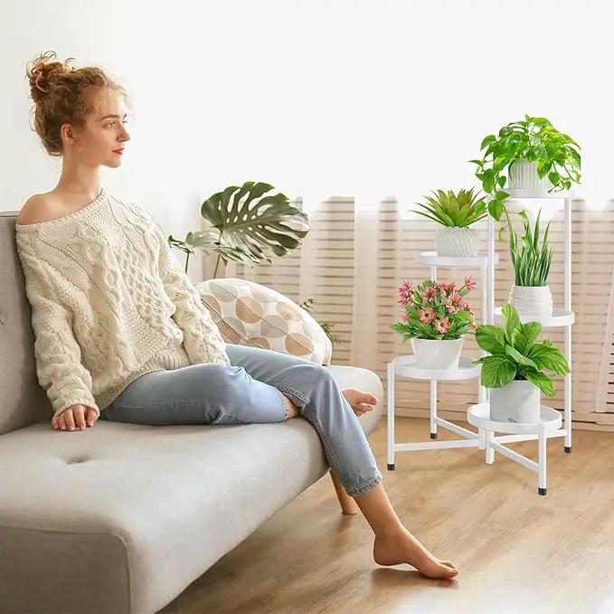 iDavosic.ly 5 Tier Large Plant Stand Indoor with 10 Inch Wide Tray, Tiered Corner Metal Outdoor Flower Display Holder Shelf, Folding Tall Rack for Patio Porch Living Room, White by GreenHaven Gardens