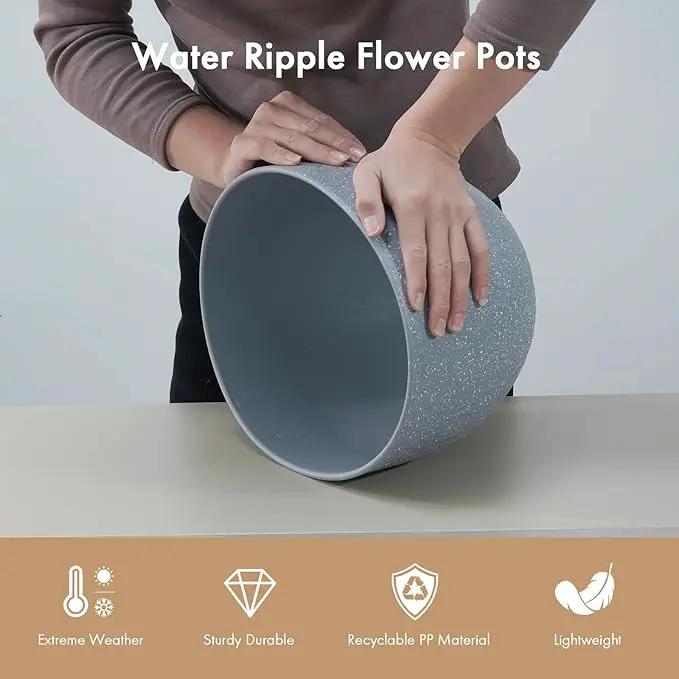 12 Inch Wide Water Ripples Flower Pots for Indoor or Outdoor Plants, Large Plant Pots with Drainage Holes & Saucer, Plastic Planters Set for Garden & Home Decor (Grey with White Speckles) by GreenHaven Gardens