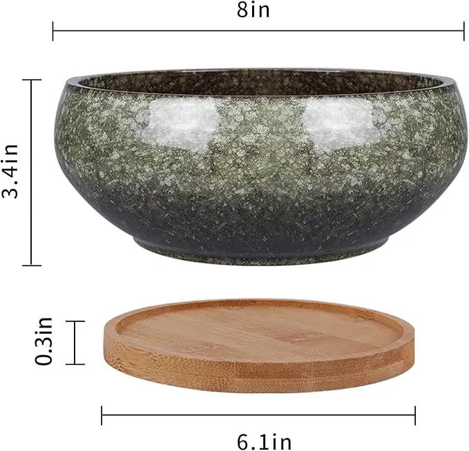 8 Inch Ceramic Bonsai Planter Pot, Glazed Shallow Succulent Planter with Drainage Hole and Bamboo Saucer for Indoor Plants, Green by GreenHaven Gardens