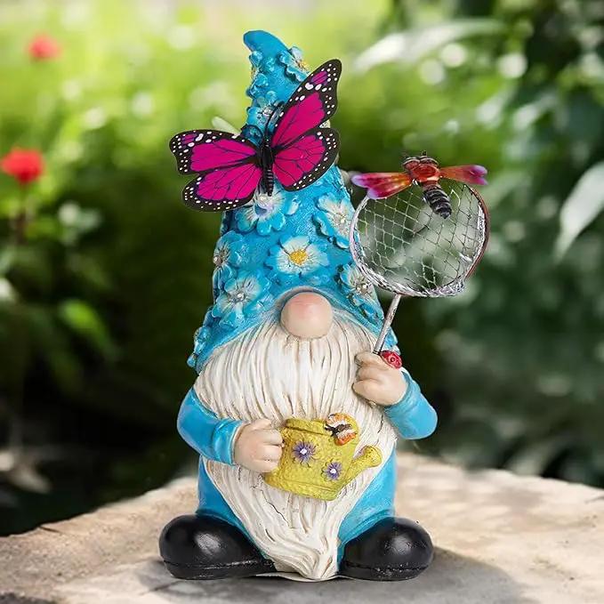 Garden Gnome Statues Outdoor Decor Solar Gnomes with Butterfly on LED Lighted Flowers, Resin Blue Gnomes Sculpture for Patio Yard Lawn Onament Decoration by GreenHaven Gardens