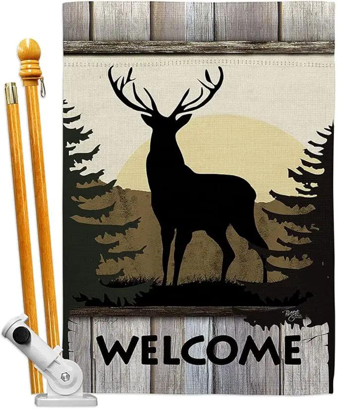 Welcome Deer House Flag Set Animals Wildlife Outdoor Bear Wolf Pet Nature Farm Animal Creature Decorative Yard Banner Double-Sided Made In USA 28 X 40 by GreenHaven Gardens