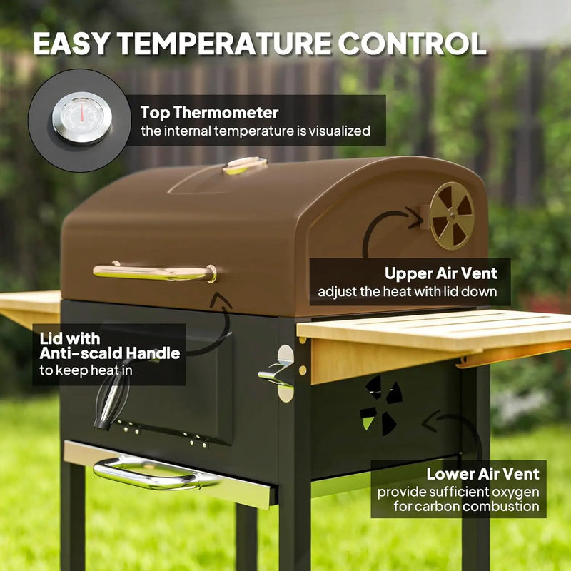 Outsunny Charcoal BBQ Grill with 245 sq. in. Cooking Area, Outdoor Barbecue Grill with Adjustable Charcoal Pan, 3 Shelves, Thermometer, Wheels for Patio, Backyard, Party, Picnic, Black by GreenHaven Gardens