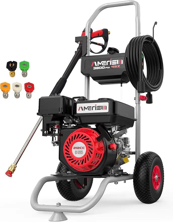 Gas Pressure Washer 3800 PSI and 2.5 GPM, 212CC, with Onboard Soap Tank, 10" Wheel, 5 Nozzle Set, for Cars/Fences/Homes/Patios/Furniture by GreenHaven Gardens