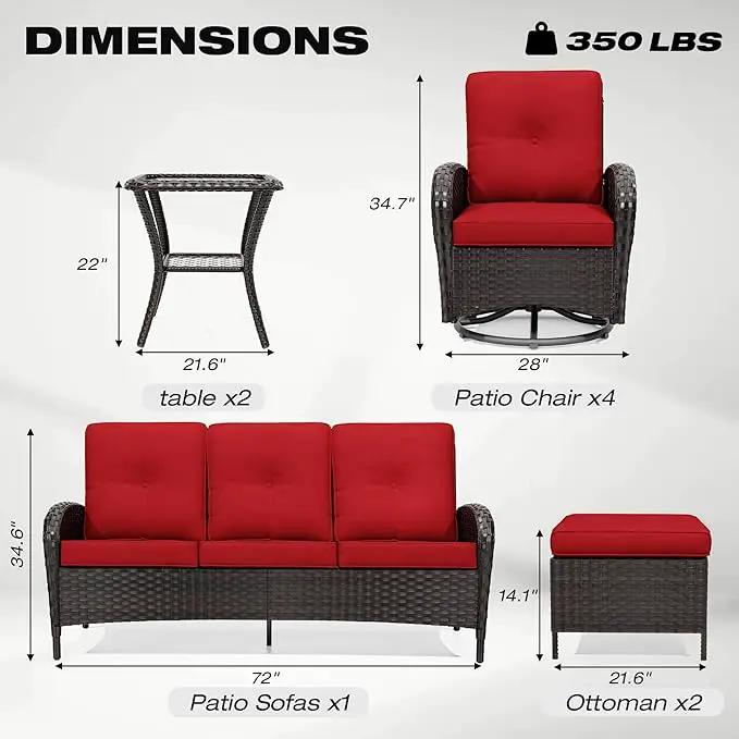 Joyside 9 Piece Patio Furniture Set, Outdoor Wicker Conversation Sets with Swivel Rocker Chairs and Sofa, Thick Cushion, Rattan Patio Sectional for Porch, Deck Use (Brown/Red, 9 PCS) by GreenHaven Gardens