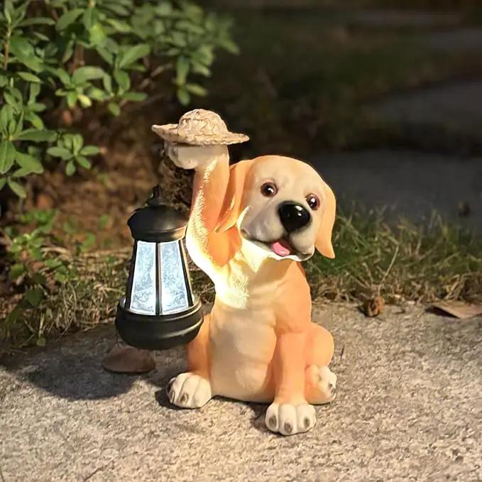 Garden Dog Statues - Adorable Resin Dog Figurines with Straw Hat and Solar LED Lantern, Puppy Decorations Outdoor Solar Light for Yard Patio Lawn Porch, Ornament Gift by GreenHaven Gardens