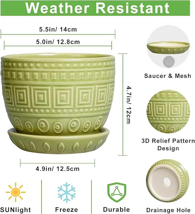 G EPGardening Ceramic Pots for Plants - 5.5 Inch Round Ceramic Planter for Indoor, Boho Succulent Pot with Drainage Hole and Plant Saucer, Gift for Plant Lover, Garden Home Desk Decor, Green by GreenHaven Gardens
