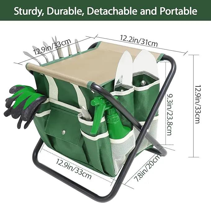 Garden Tool Set, 10 Piece Kit with Heavy Duty Folding Stool, Detachable Storage Tote Bag, Stainless Steel Tools, Gifts for Women Men Green by GreenHaven Gardens