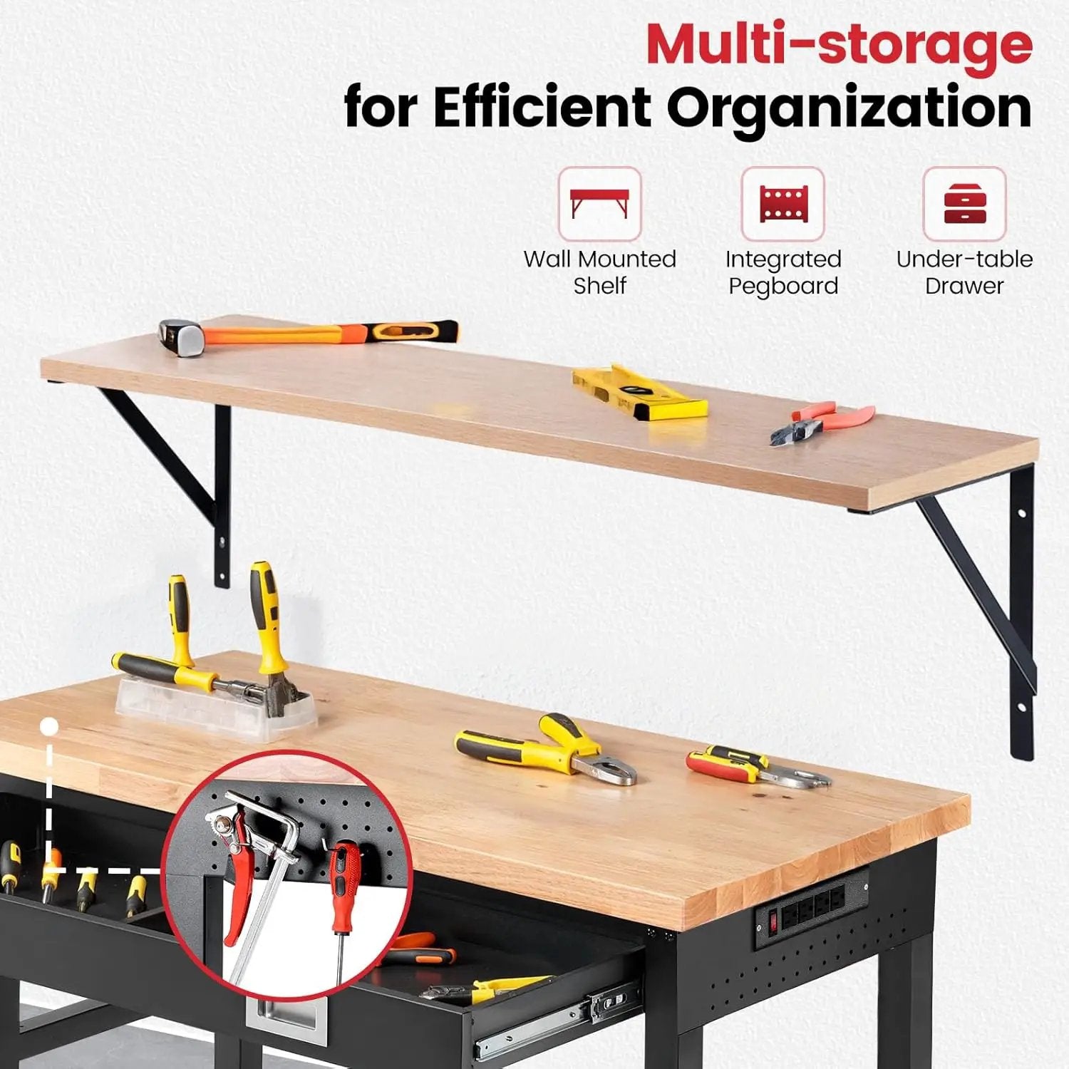 Workbench with Shelf Bracket 48 x 24 Inch Heavy Duty Rubberwood Tabletop Work Table Adjustable Height Work Bench with Drawer, Power Outlets for Garage Woodworking Shop, Home, Office by GreenHaven Gardens