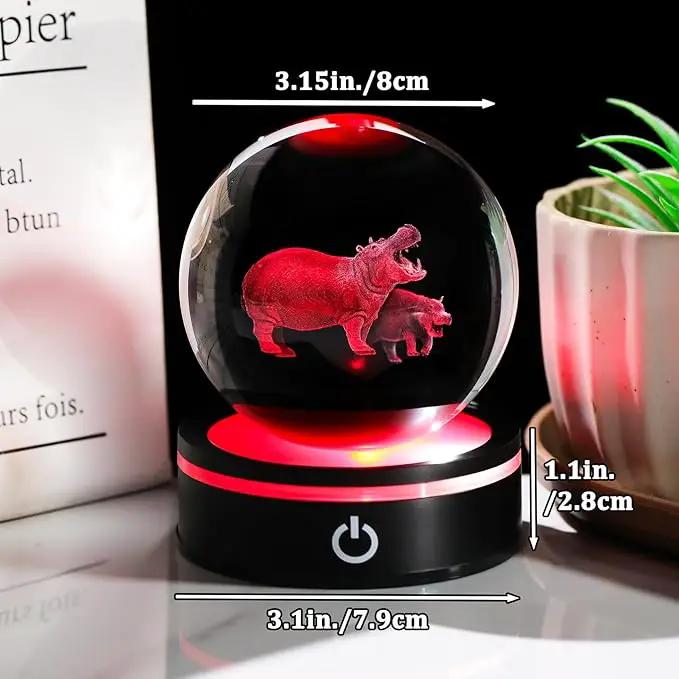 YWHL 3D Hippo Crystal Ball Figurine with LED Base Laser Hippopotamus Gifts for Women Men on Christmas Birthday Decorative Hippo Ball Glass Hippopotamus Globe Night Light for Home Decor (80mm) by GreenHaven Gardens