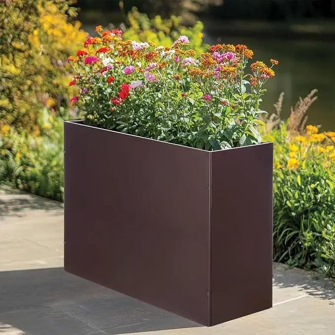 Metal Rectangular Planter Box Tall Planters for Outdoor Plants Modern Heavy Duty with Drainage Holes for Outside Indoor Patio Deck - Brown, 32”x 12”x 24” by GreenHaven Gardens