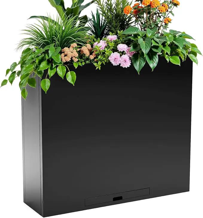 KOL Galvanized Steel Planter Box, with Insert Tray Drainage Holes, Rectangular Black Powder Coated Metal Planter, Outdoor Use, Heavy Duty Modern Flower Pot (Black, 36" H x 11" W x 32" L) by GreenHaven Gardens