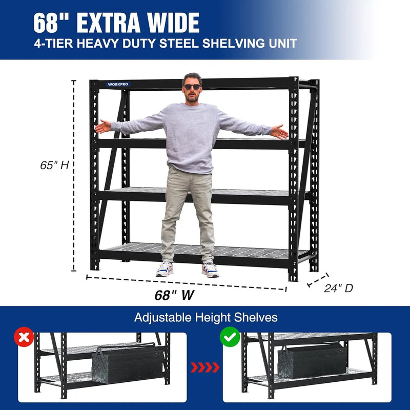 WORKPRO 68" Ultra Wide 4-Tier Metal Garage Shelving Unit, 68"W x 24"D x 65"H, 7200 LBS Capacity, Heavy Duty Storage Utility Rack, Industrial Adjustable Shelves for Shop Warehouse Basement, Pack of 10 by GreenHaven Gardens