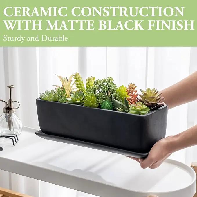 MyGift 14 Inch Matte Black Ceramic Indoor Plant Pot Succulent Planter, Decorative Flower Planter with Drainage Hole and Removable Tray by GreenHaven Gardens