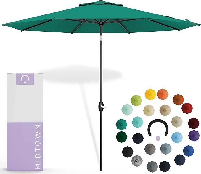 Midtown Umbrellas Sunbrella Umbrella 9 Feet Outdoor Umbrella With Canvas Teal Acrylic Fabric - Auto-Tilt Aluminum Frame Patio Umbrella For Backyard, Deck, Garden, Pool - Black Pole by GreenHaven Gardens