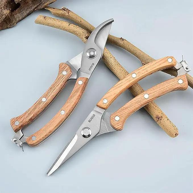 BUGUI 8” Wood Handle Garden Scissors, Set of 2, Includes Bypass Pruning Shears and Long Straight Tip Clippers, Premium Gardening Tools with Precision-Ground SK-5 Steel Blade by GreenHaven Gardens