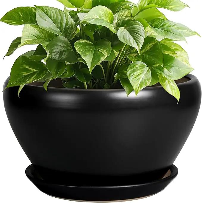 Plant Pot Large 9 Inch - Ceramic Pots for Plants with Drainage Hole and Saucer Round Planter for Indoor Plants Decorative Outdoor Flower Pot Large for House Balcony Black by GreenHaven Gardens