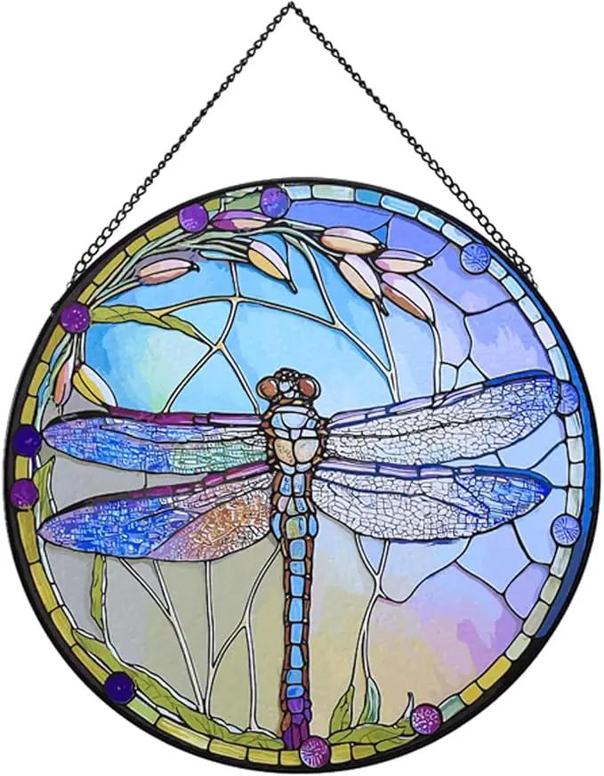 Hanging Stained Glass for Windows,20cm/7.87inch Dragonfly Hand-Painted Sun Catcher Garden Hangings Christmas Mother's Day, Valentine's Day Ornaments Festival Gift (C Style) by GreenHaven Gardens