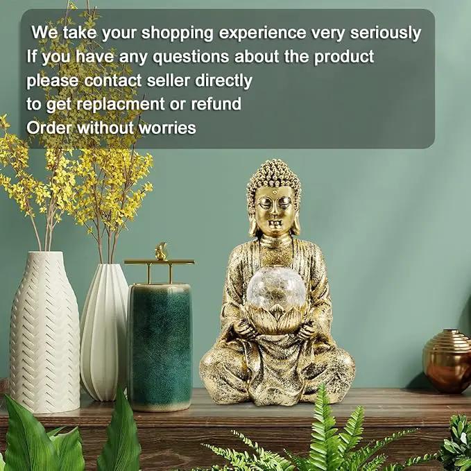 Nacome Meditating Buddha Statue with Solar Light,Zen Solar Garden Buddha with Cracked Glass Ball Sculpture-Indoor/Outdoor Decor for Balcony,Garden,Patio,Porch Yard Art Ornament,10.5 inch(Gold) by GreenHaven Gardens