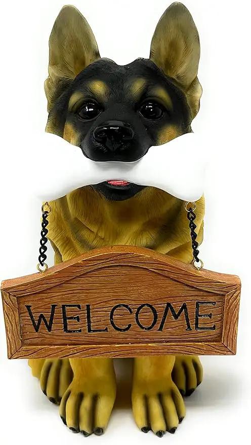 Nature's Mark German Sheperd Dog Puppy Statue with Reversible Welcome Sign and Go Away Sign Resin Garden Decor 12" H by GreenHaven Gardens