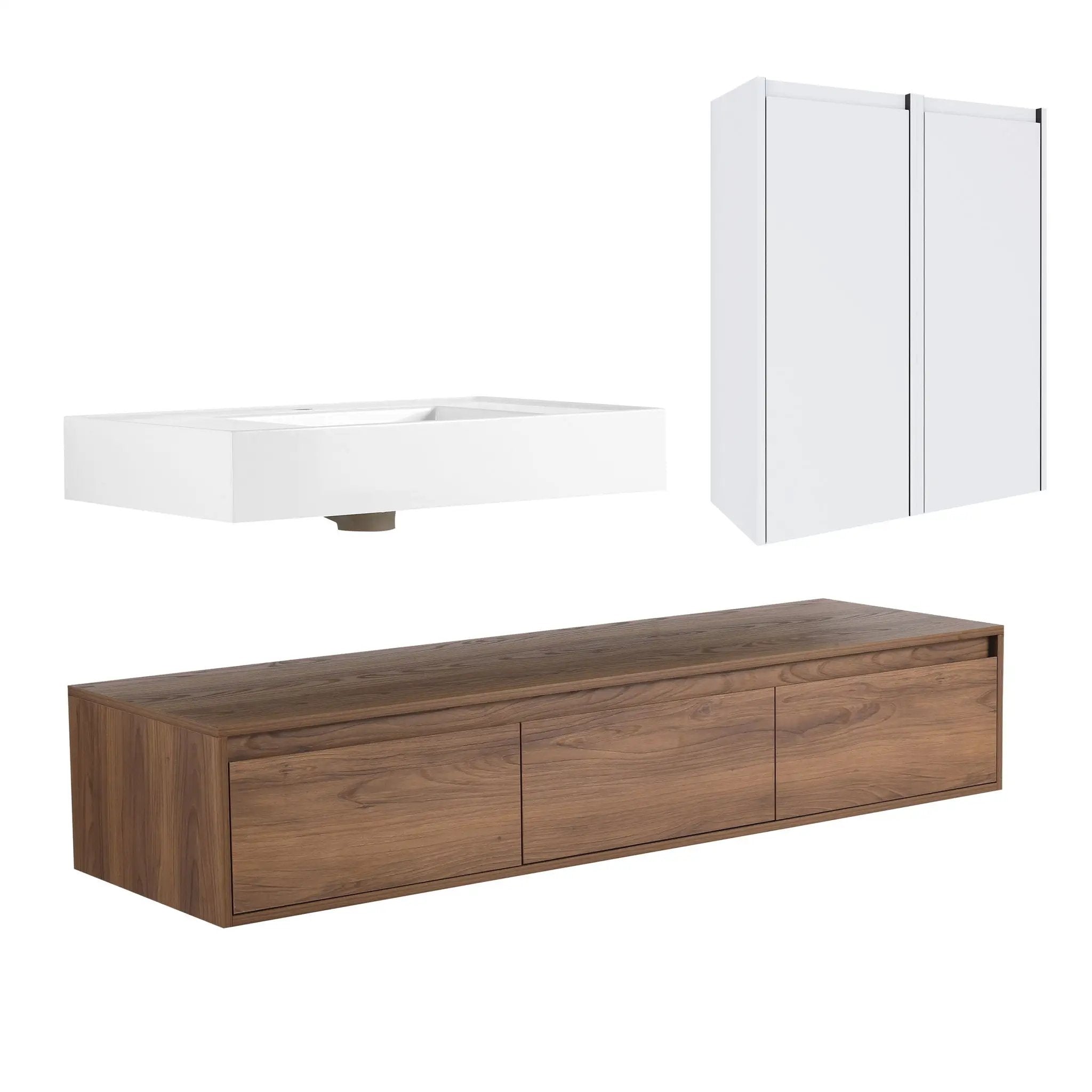Wall Mounted Bathroom Vanity With Resin Sink And 2 Side Cabinet, 3 Soft Close Drawer - Brown Ebony by HouseOfZazla