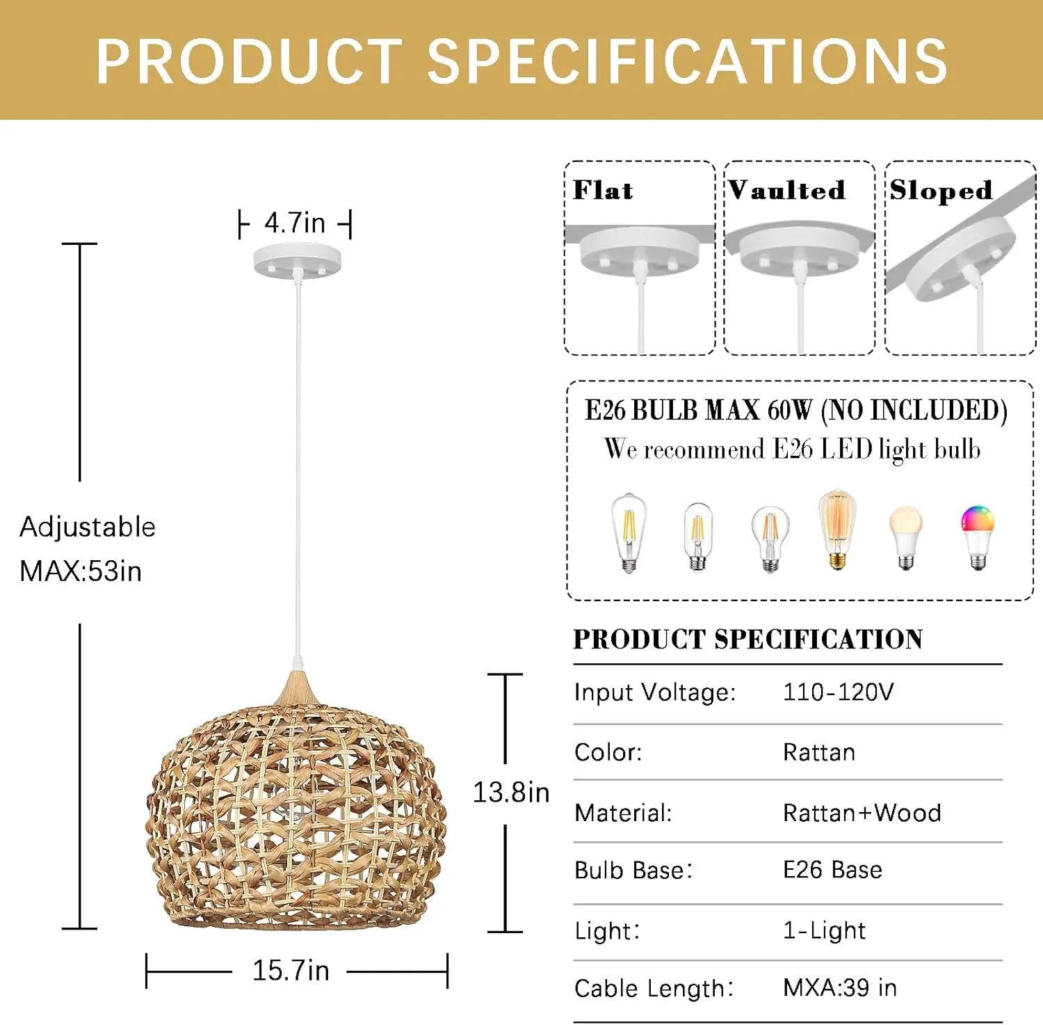 Boho Pendant Lights, 15.7" 1-Light Rattan Chandelier Hand-Woven Wicker Pendant Light with Water Hyacinth Shade, Coastal Dome Hanging Light for Dining Room Kitchen Island by GreenHaven Gardens