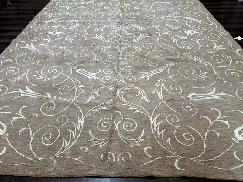 Tibetan Rug 9x12 Wool and Silk Beige Modern Handmade Carpet by Jewel Rugs