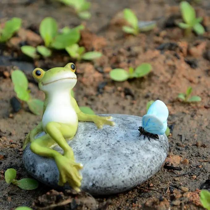 Top Collection Miniature Fairy Garden and Terrarium Statue, Frog Resting on Stone with Butterfly by GreenHaven Gardens