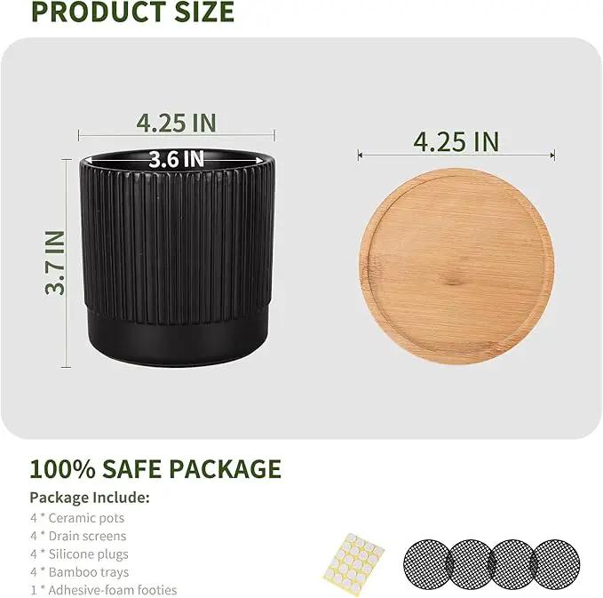 AOMRYOM 4.25 Inch Small Garden Ceramic Plant Pots with Drainage Holes and Tray, Modern Flower Planter Pots for Indoor Plants, Succulent, Cactus and Herbs, Black Stripe, Set of 4 (Plant Not Included) by GreenHaven Gardens