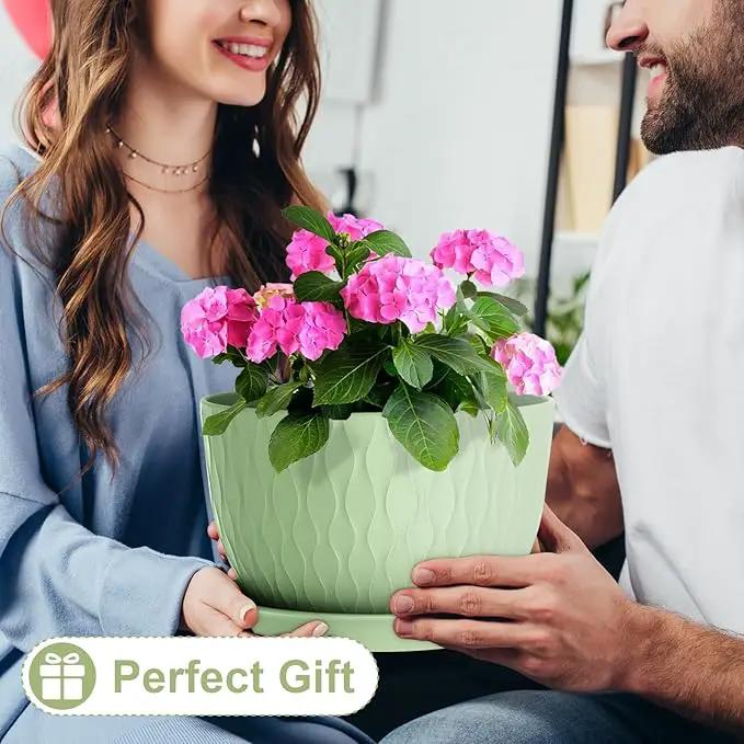 12 Inch Large Plant Pots for Indoor or Outdoor Plants, Wide Water Ripples Flower Pots with Drainage Holes & Saucer, Plastic Planters Set for Garden & Home Decor (Green) by GreenHaven Gardens