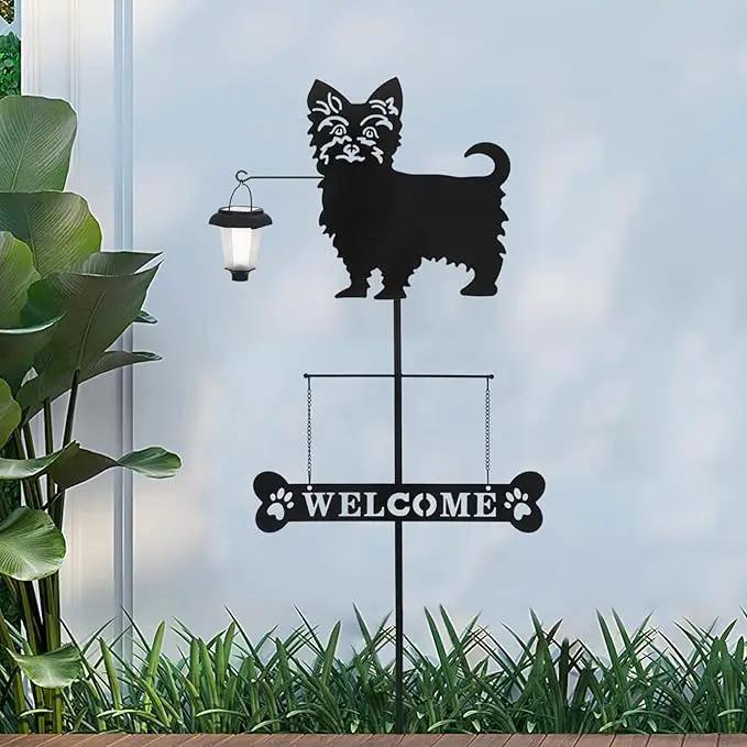 BAYN Solar Yorkie Silhouette Dog Breed Welcome Sign with a Lantern Outdoor Decorative Garden Stakes for Yard, Lawn, Patio, Pathway by GreenHaven Gardens
