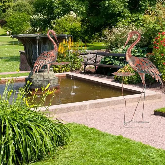 Crane Garden Statue, 42'' Heron Outdoor Statue with Birdbath, Large Crane Bird Metal Yard Art for Lawn Porch Backyard Patio Decor (Brown) by GreenHaven Gardens