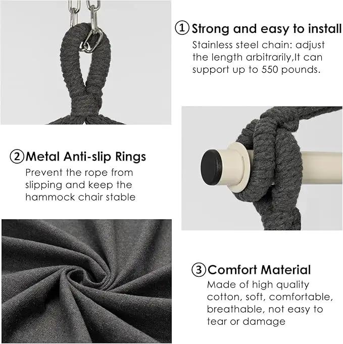 Y- STOP Hammock Chair Hanging Rope Swing, Max 500 Lbs, 2 Cushions Included, Large Macrame Hanging Chair with Pocket, Cotton Weave for Superior Comfort, Durability (Dark Grey) by GreenHaven Gardens