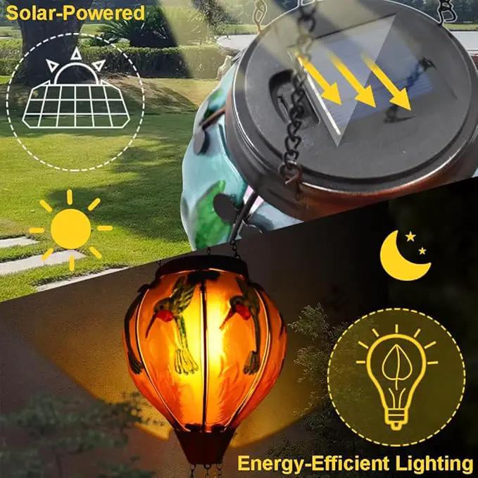 Hot Air Balloon Solar Lantern with Flickering Flame Hanging Solar Lanterns Outdoor Lights Waterproof Lanterns Decorative Garden Patio Yard Party Decor Hummingbirds&Pink Flowers by GreenHaven Gardens