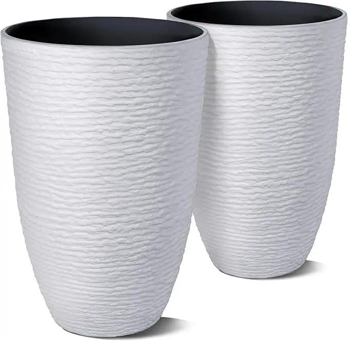 Worth Garden 2-Pack 21" H. White Tall Planters - 14'' Dia Resin Large Round Flower Pots for Outdoor Plants Trees - Imitation Stone Finish Plastic Indoor Front Porch 9 Gallon Decorative Container Patio by GreenHaven Gardens