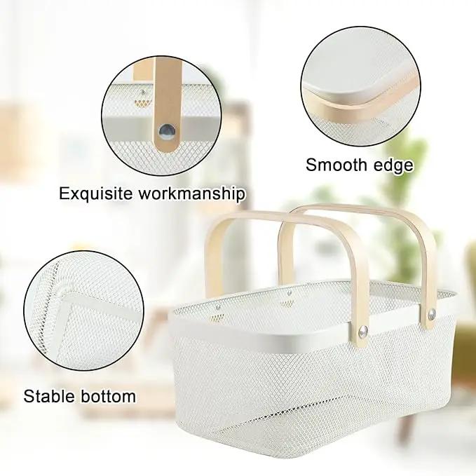 Portable Garden Harvest Basket-Mesh Design Natural Bamboo Handle Wire Storage Baskets,Mesh Basket with Handle Organize Items Reduce Space Occupation,Suitable for Kitchen,Garden,Picnic(White) by GreenHaven Gardens