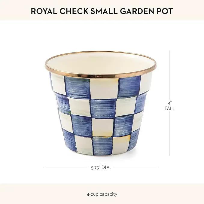 MACKENZIE-CHILDS Enamel Garden Pot, Decorative Pot for Plants, Outdoor Flowerpot Decor, Small, Blue-and-White Royal Check by GreenHaven Gardens