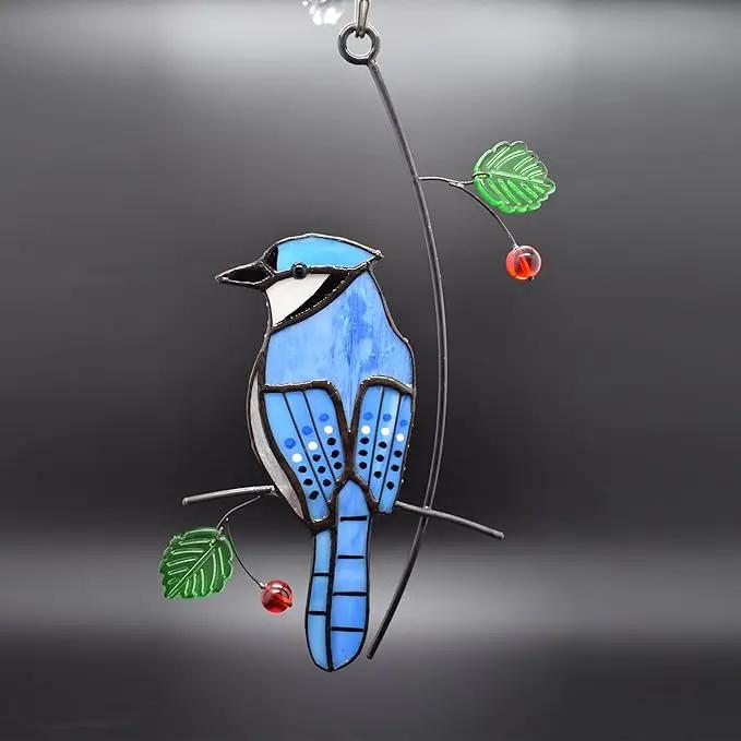 Lolitarcrafts Blue Jay Modern Stained Glass Window Hangings Blue Birds Suncathers for Window by GreenHaven Gardens