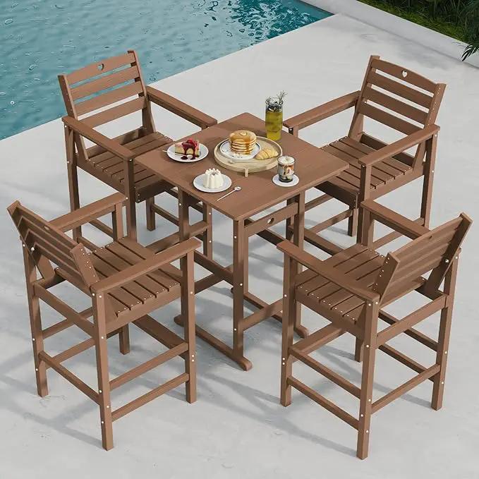 5-Piece Bar Height Outdoor Table and Chairs Set, HDPE Wood Grain Patio Bar Table and Chairs with Heart Cutout Design, Weather-Resistant Bar Height Furniture for Deck, Porch, Pool (Teak) by GreenHaven Gardens