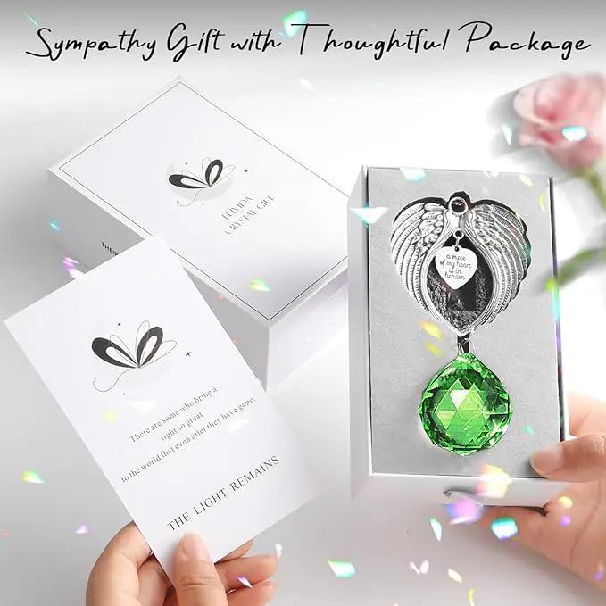 Sympathy Gift Modern Grief Gift for Lose of Loved Ones, Memorial Suncatcher with 40mm Crystal Ball, Sorry for Your Lose Rainbow Maker, Bereavement Gift Idea Angel Wings Design, Green by GreenHaven Gardens