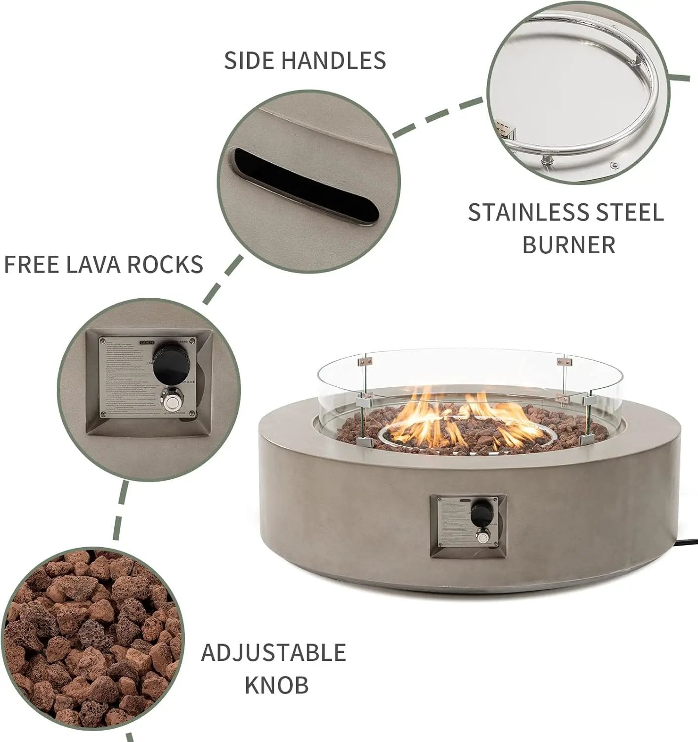 COSIEST 2-Piece Outdoor Propane Firepit Table Set w Tank Table, CSA Certified 42" Fire Table CSA Certified, 50,000 BTU w Gray Round Base,Wind Guard and 16 inches Tank Side Table 20lb for Garden,Pool by GreenHaven Gardens